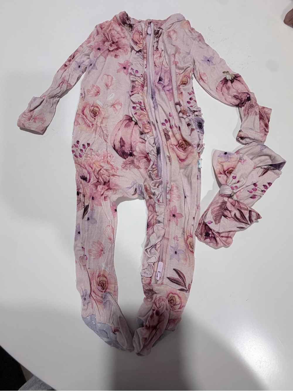 Posh Peanut baby Pink Floral Ruffled One-Piece Pajamas with Headband